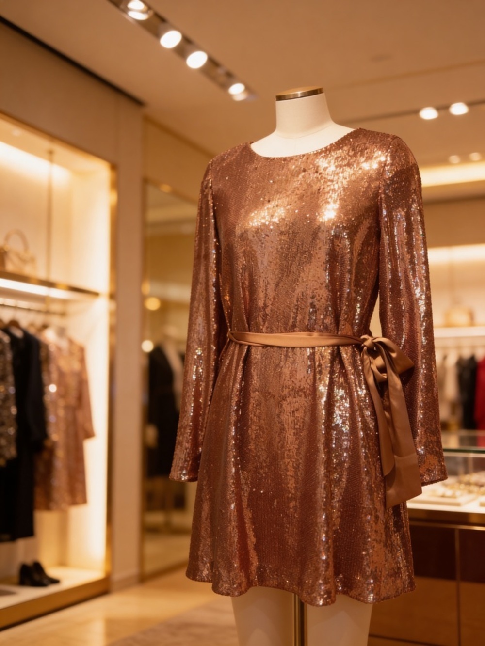 New Ramy Brook Sequin Long-Sleeve A-Line Dress in Rose Gold